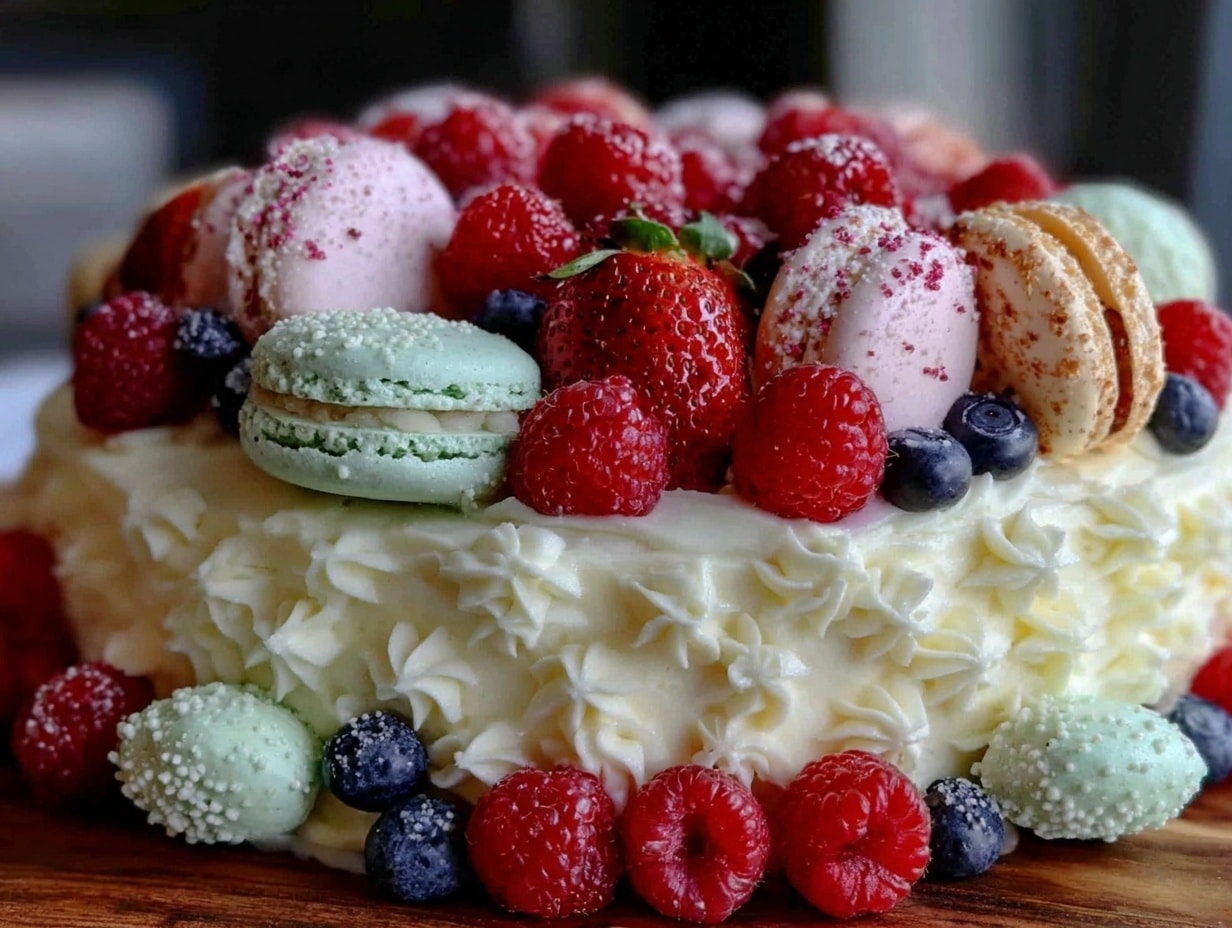 Number-Cake mit frischen Beeren und Macarons preparation steps