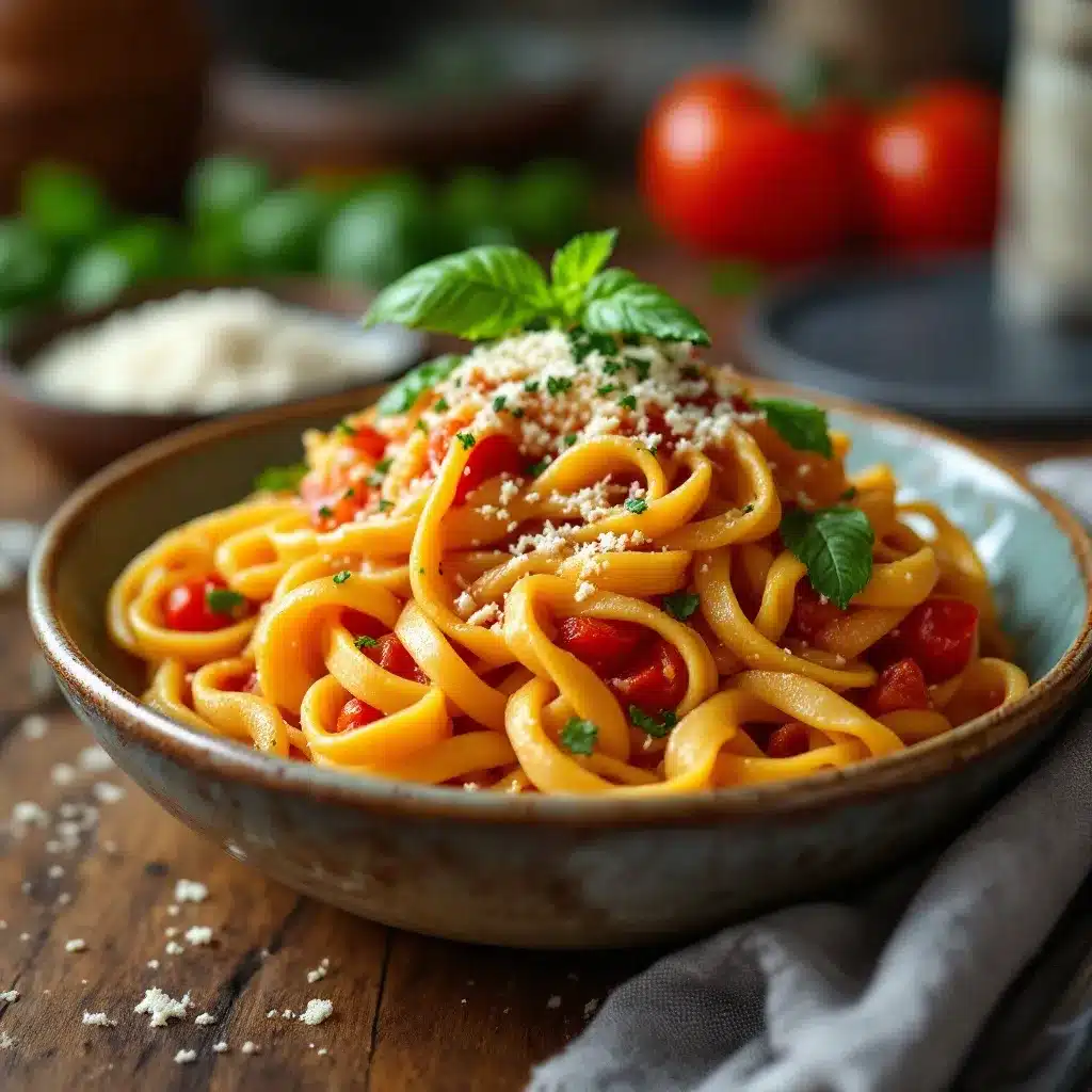 Cremige One-Pot Tomaten-Nudeln preparation steps