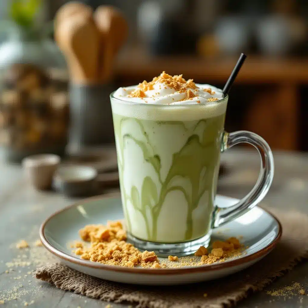 cremiger Iced Matcha Latte mit Vanille-Schaum preparation steps
