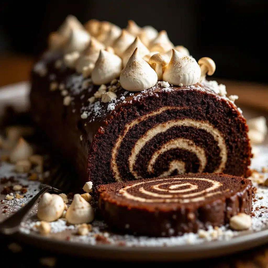 Schokoladen-Bûche de Noël mit Baiser-Pilzen - featured image